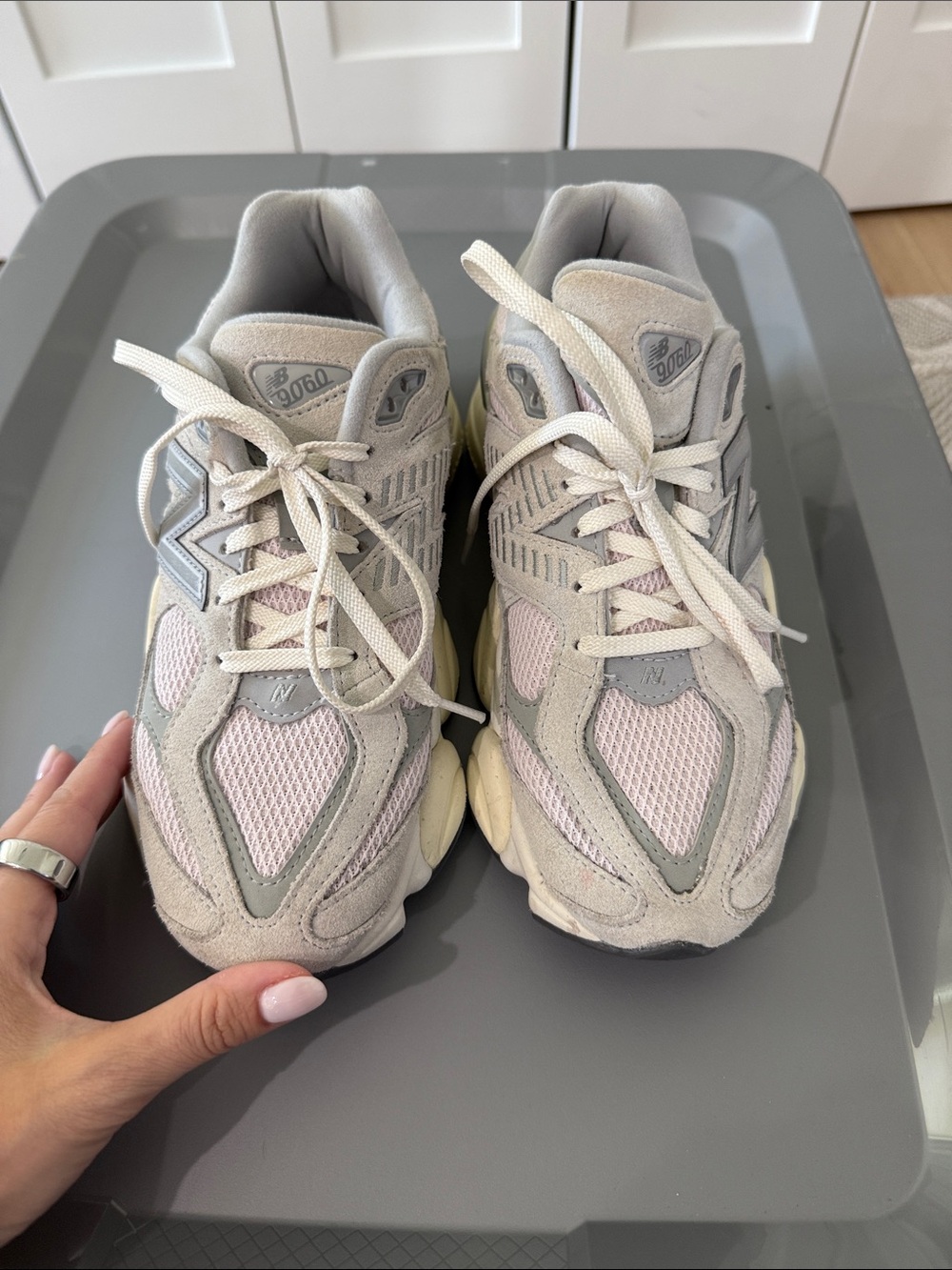 New Balance Women's Sneakers in Light Gray, Pink & Cream - Picture 2 of 3